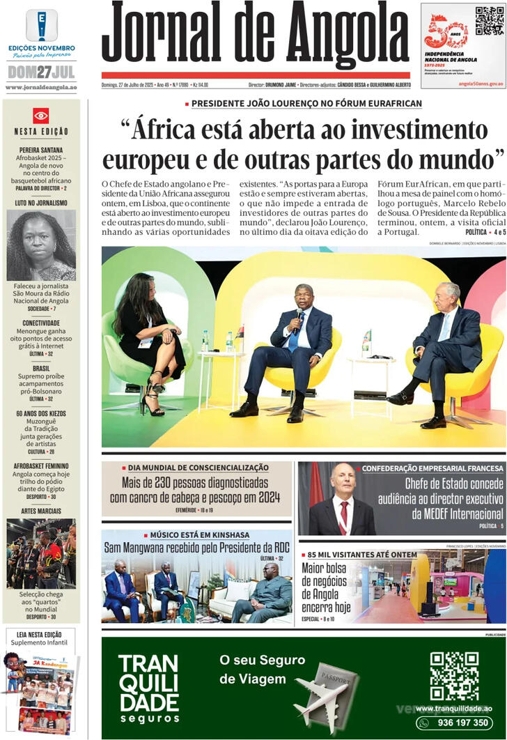 Capa Jornal de Angola - 2025-07-27