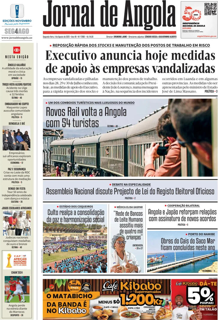 Capa Jornal de Angola - 2025-08-04