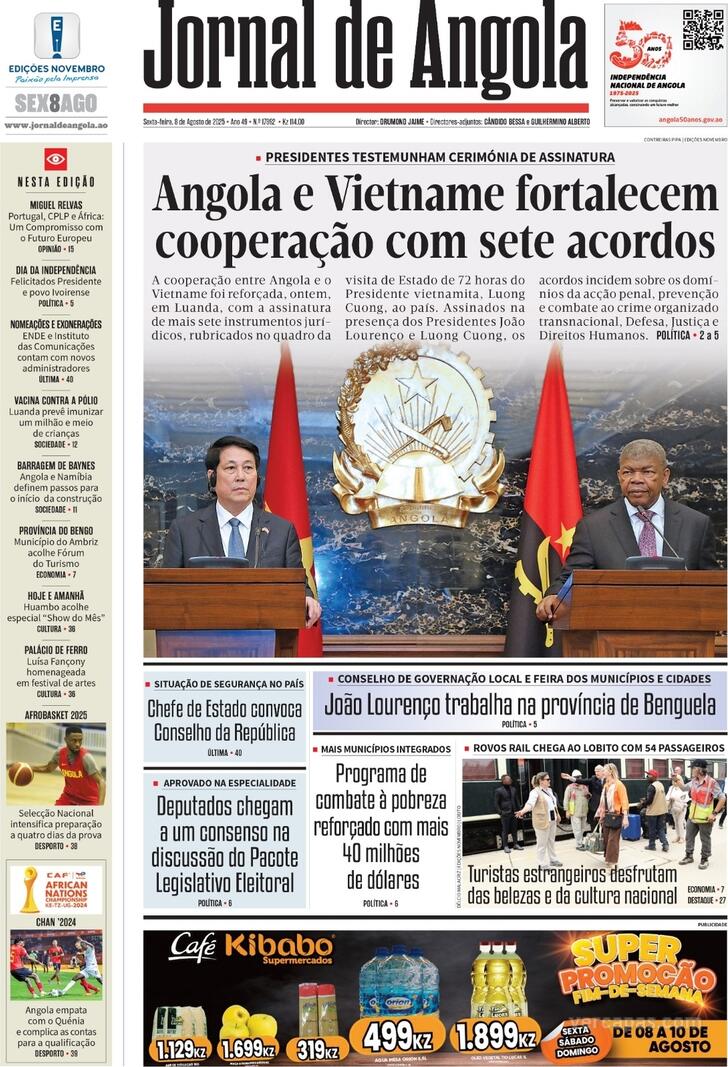 Capa Jornal de Angola - 2025-08-08