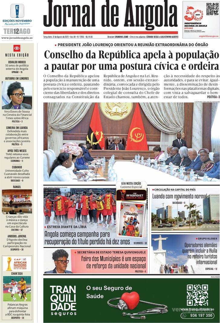Capa Jornal de Angola - 2025-08-12