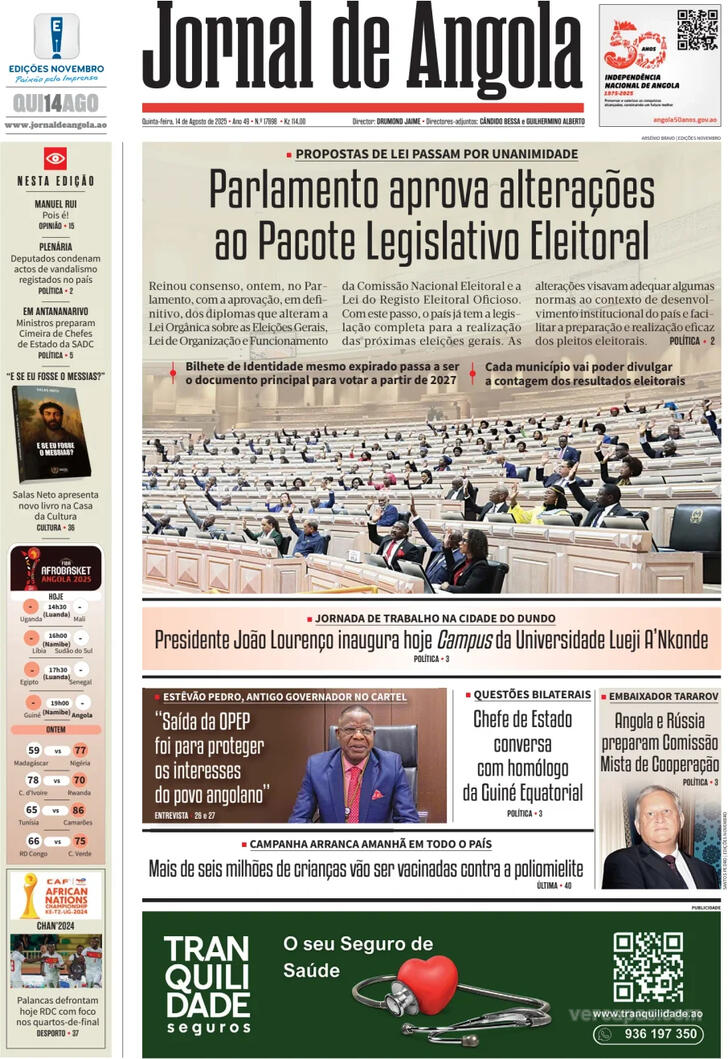 Capa Jornal de Angola - 2025-08-14