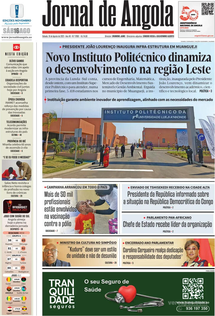 Capa Jornal de Angola - 2025-08-16