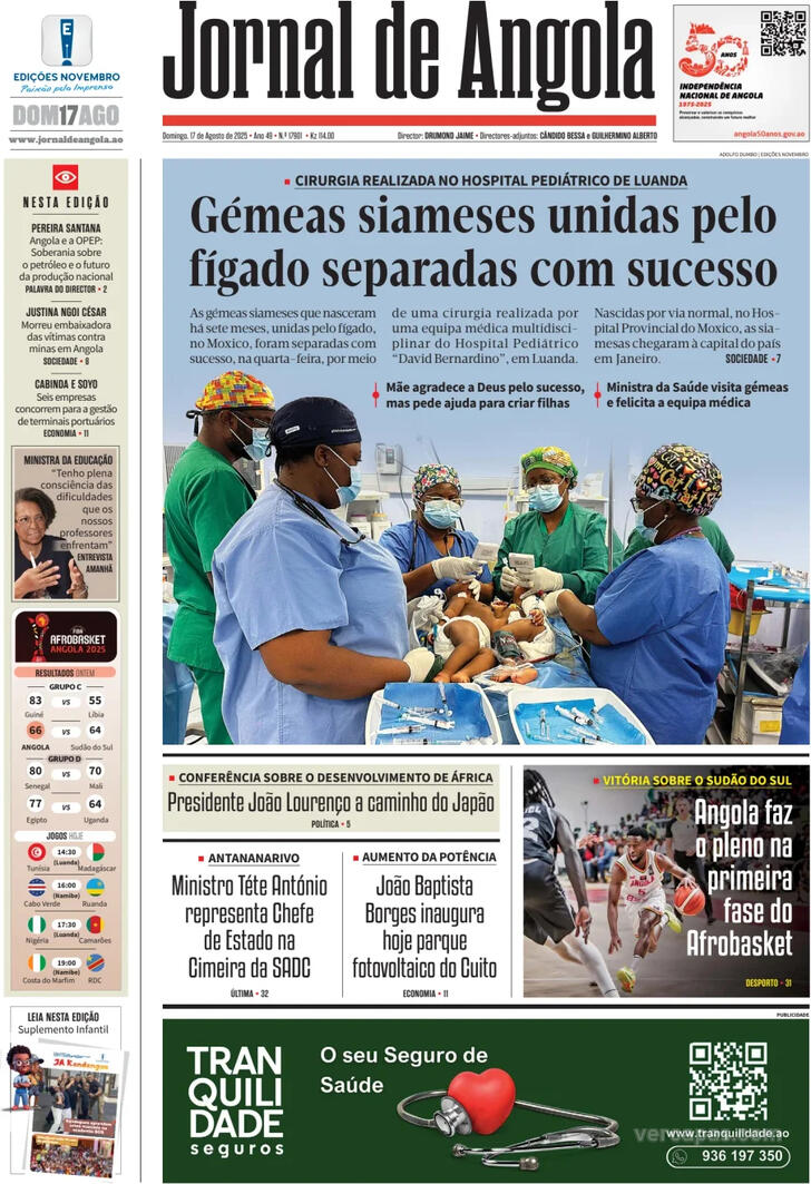 Capa Jornal de Angola - 2025-08-17