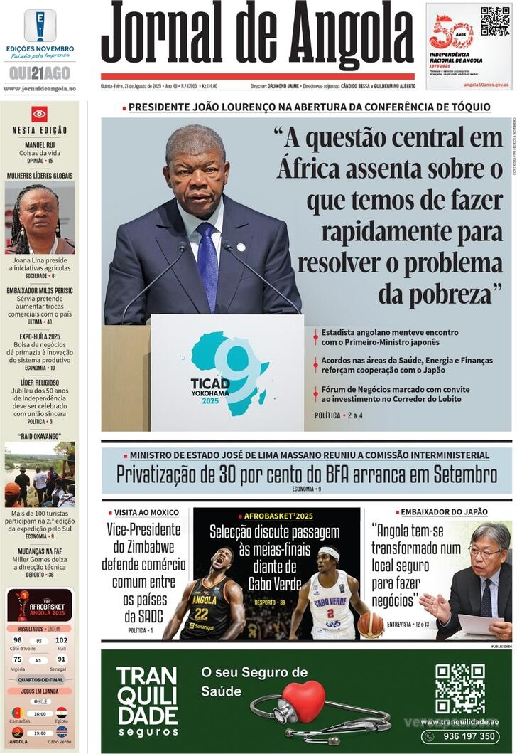 Capa Jornal de Angola - 2025-08-21