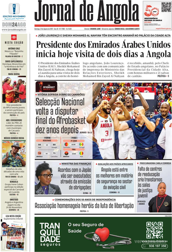 Capa Jornal de Angola - 2025-08-24