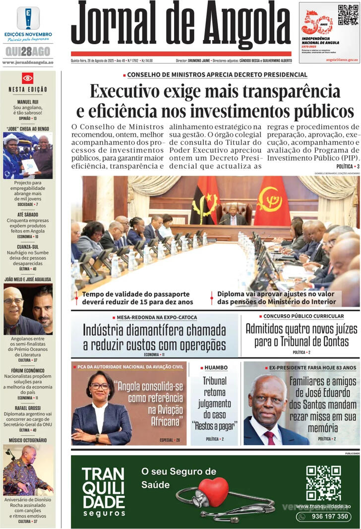 Capa Jornal de Angola - 2025-08-28