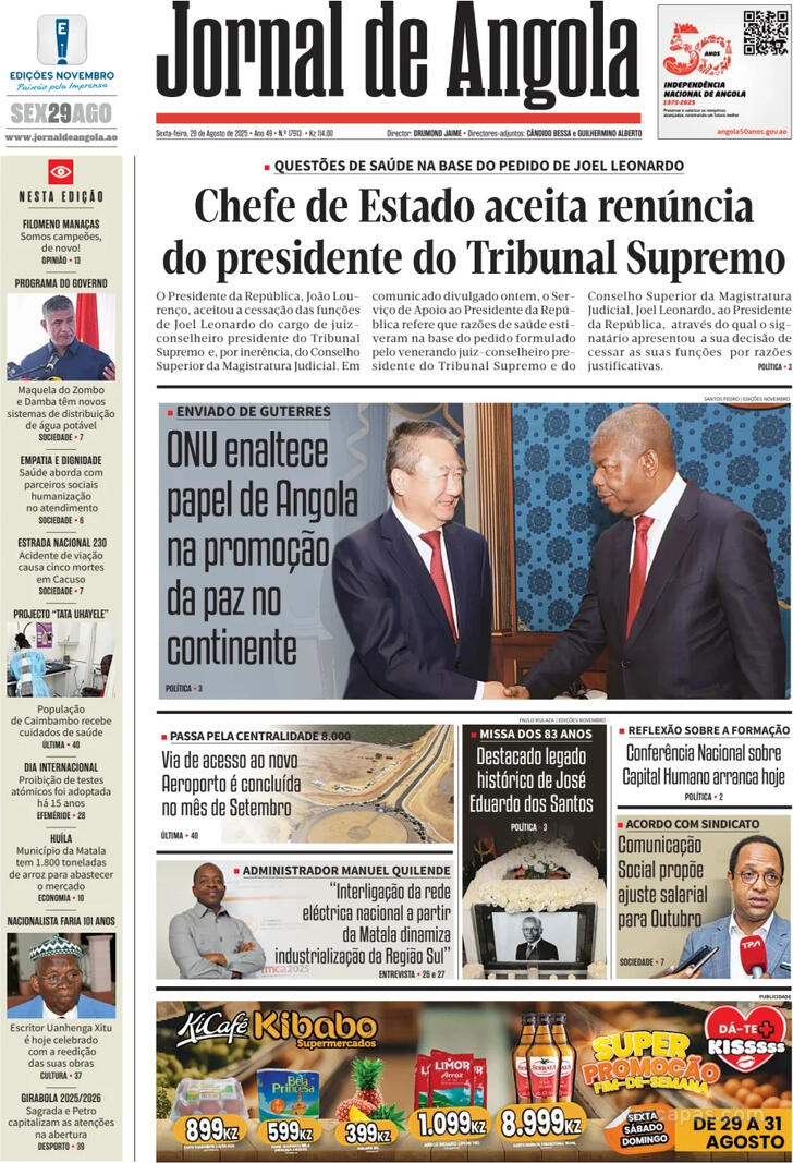 Capa Jornal de Angola - 2025-08-29