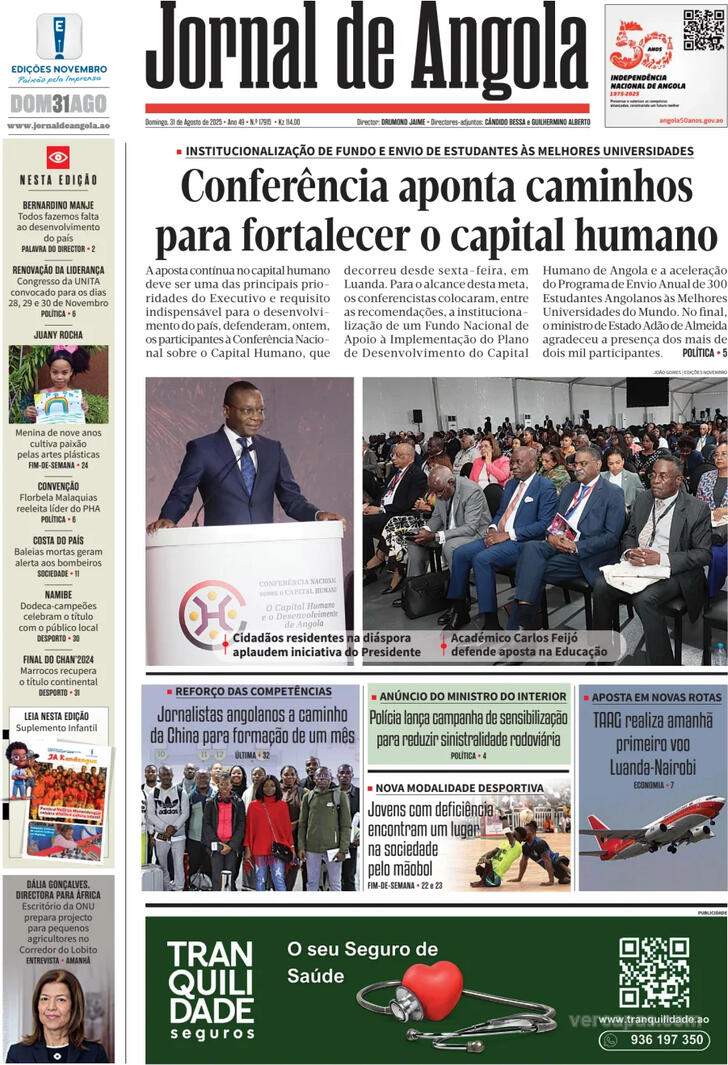 Capa Jornal de Angola - 2025-08-31