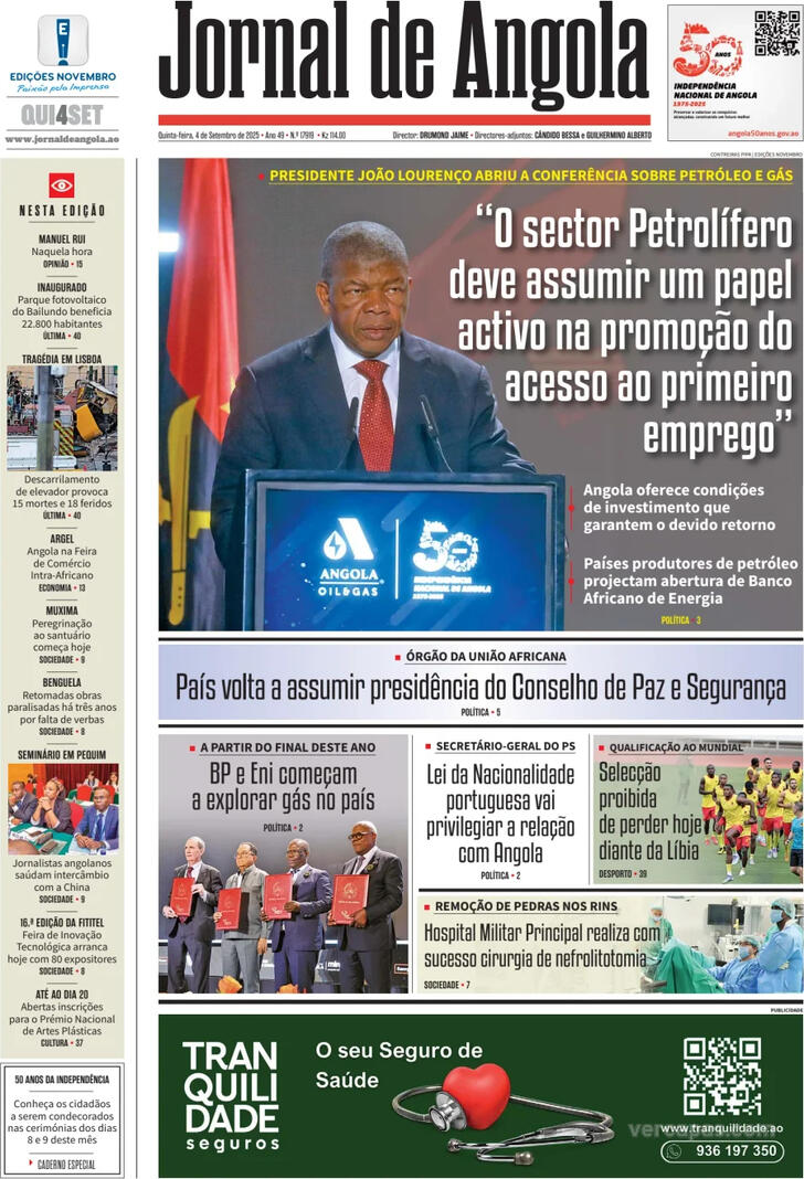 Capa Jornal de Angola - 2025-09-04