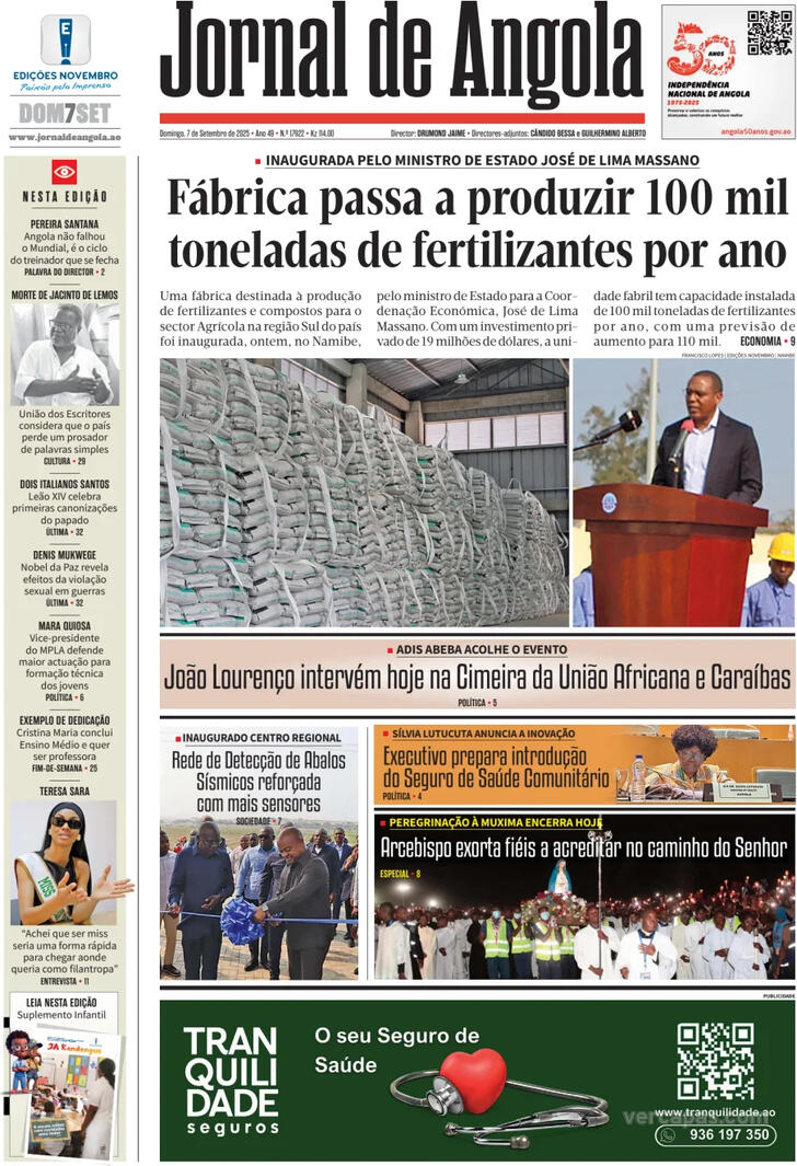 Capa Jornal de Angola - 2025-09-07