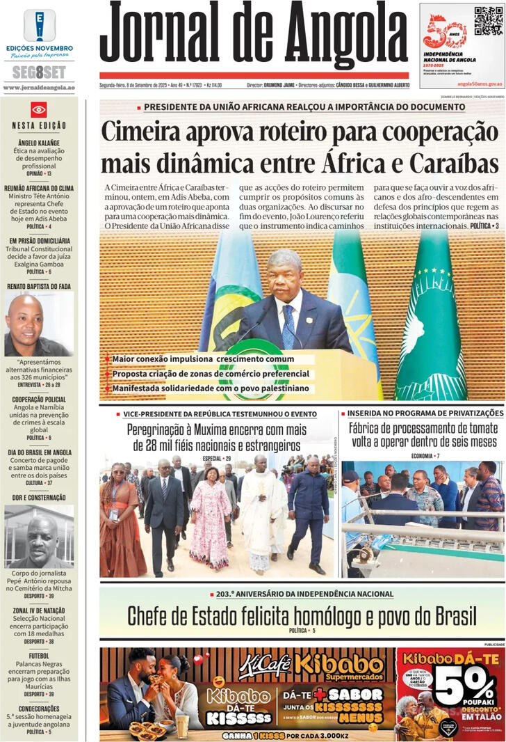 Capa Jornal de Angola - 2025-09-08