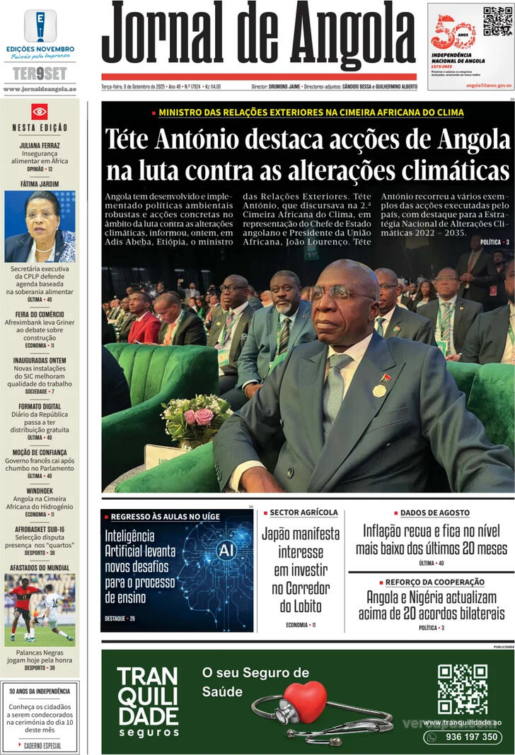 Capa Jornal de Angola - 2025-09-09