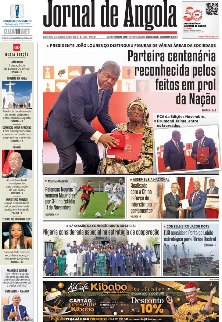 Capa Jornal de Angola - 2025-09-10