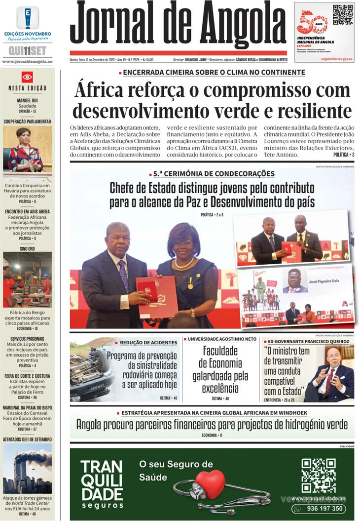 Capa Jornal de Angola - 2025-09-11