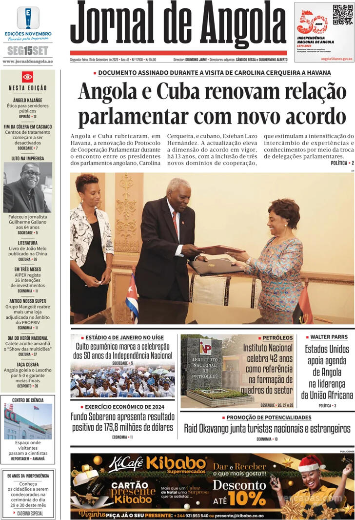 Capa Jornal de Angola - 2025-09-15