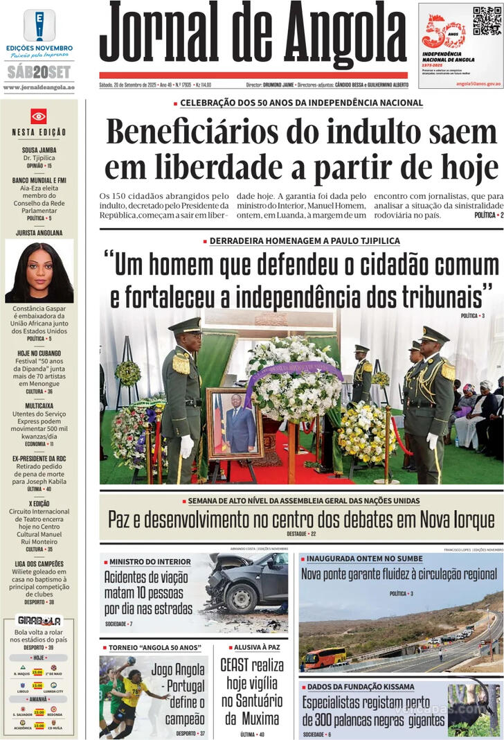 Capa Jornal de Angola - 2025-09-20