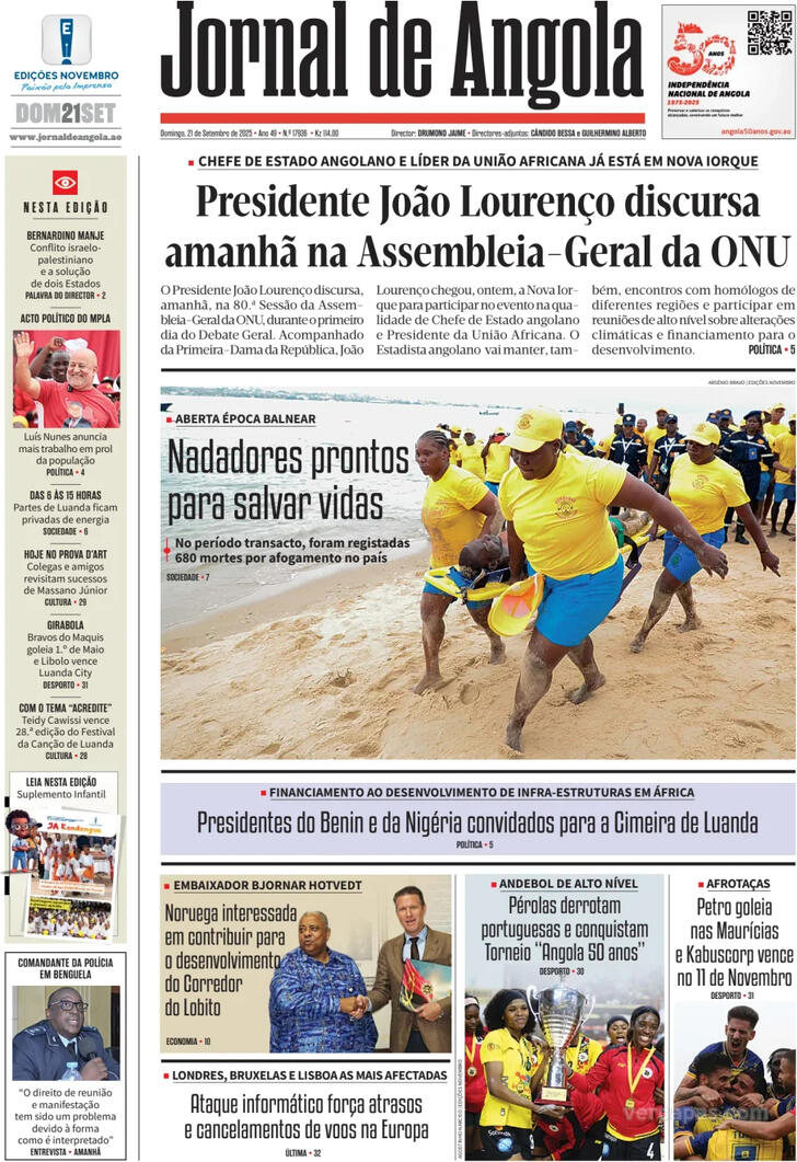 Capa Jornal de Angola - 2025-09-21