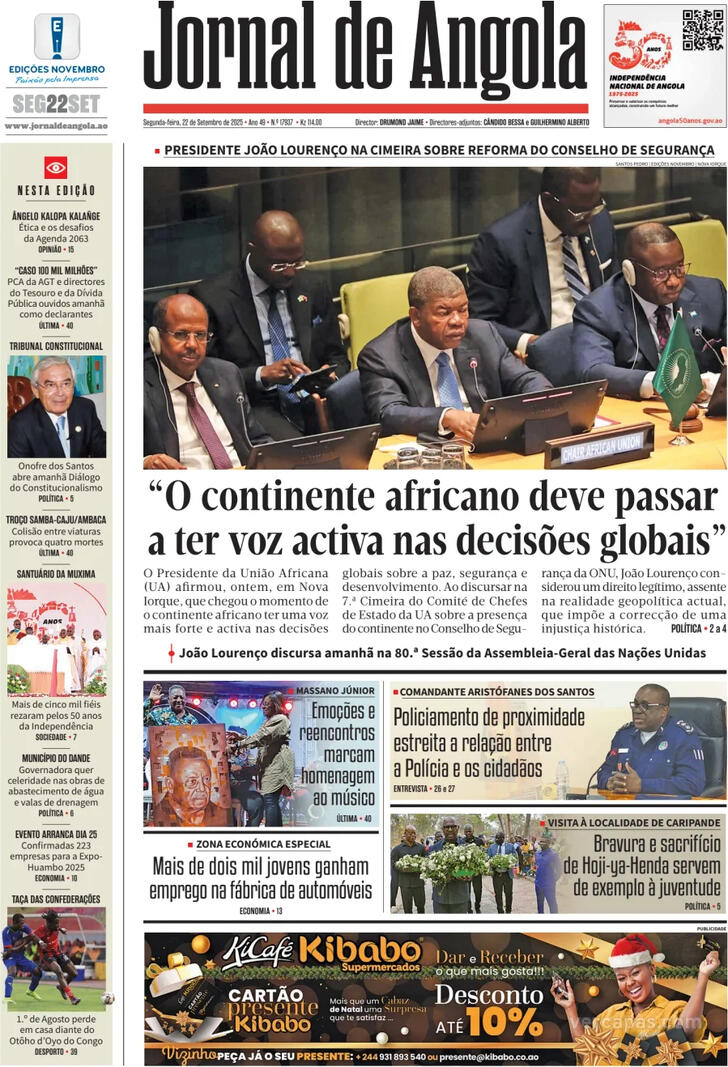 Capa Jornal de Angola - 2025-09-22