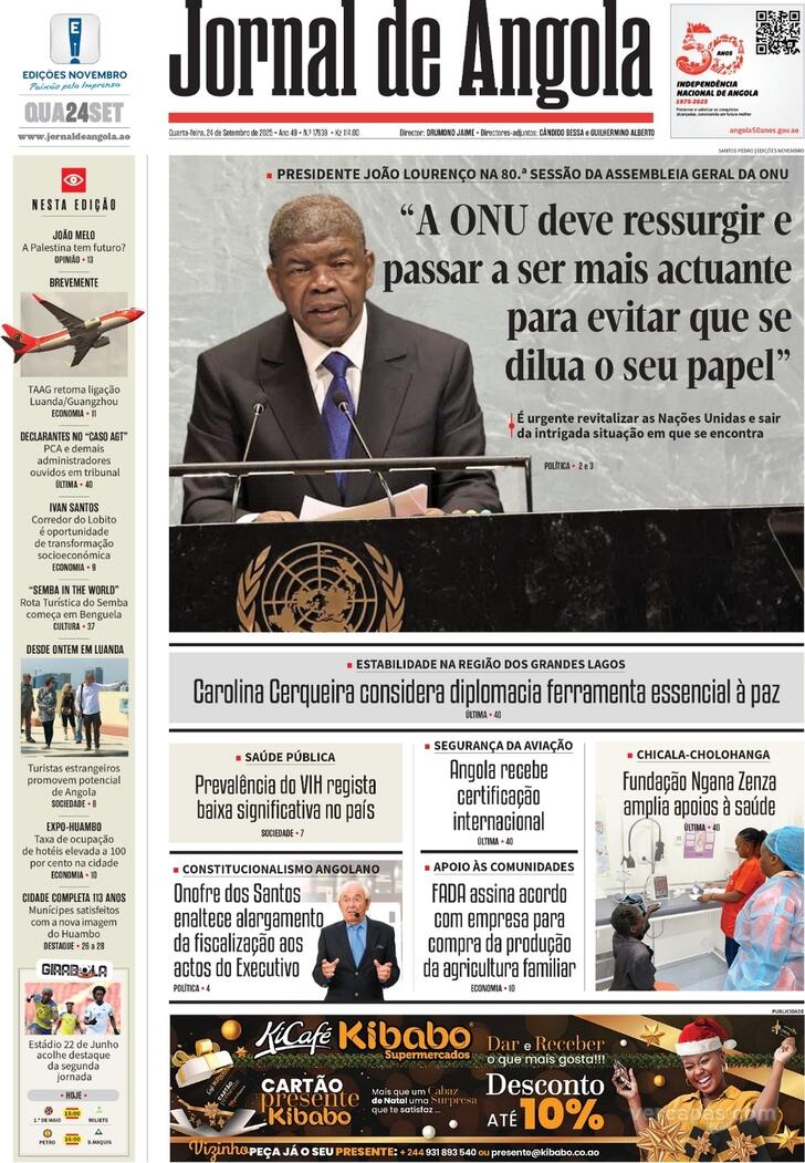 Capa Jornal de Angola - 2025-09-24