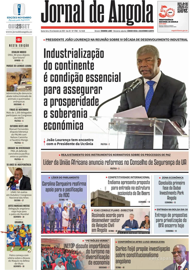 Capa Jornal de Angola - 2025-09-25