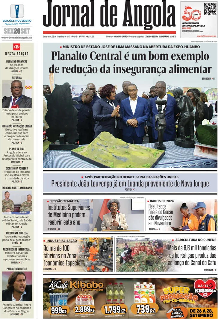 Capa Jornal de Angola - 2025-09-26