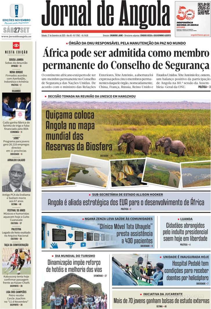 Capa Jornal de Angola - 2025-09-27