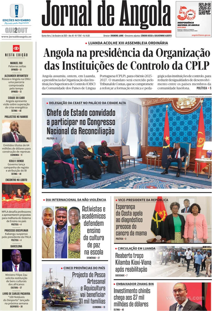 Capa Jornal de Angola - 2025-10-02