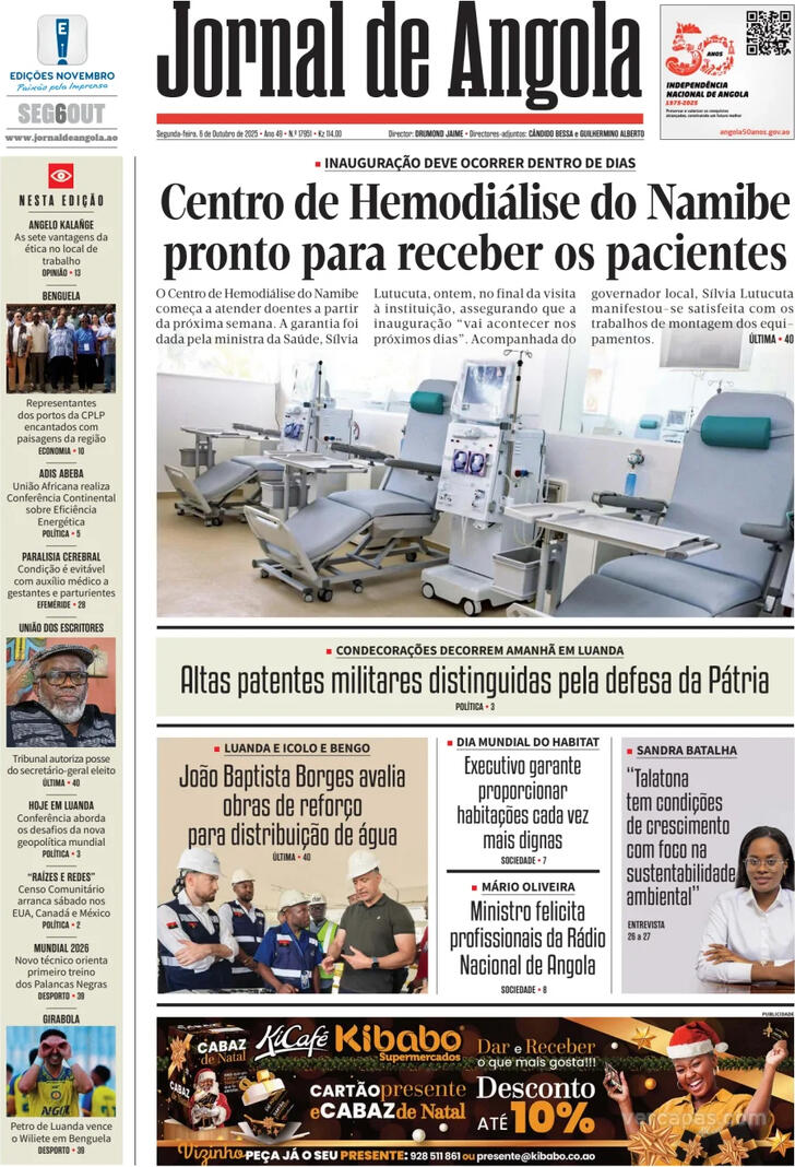 Capa Jornal de Angola - 2025-10-06