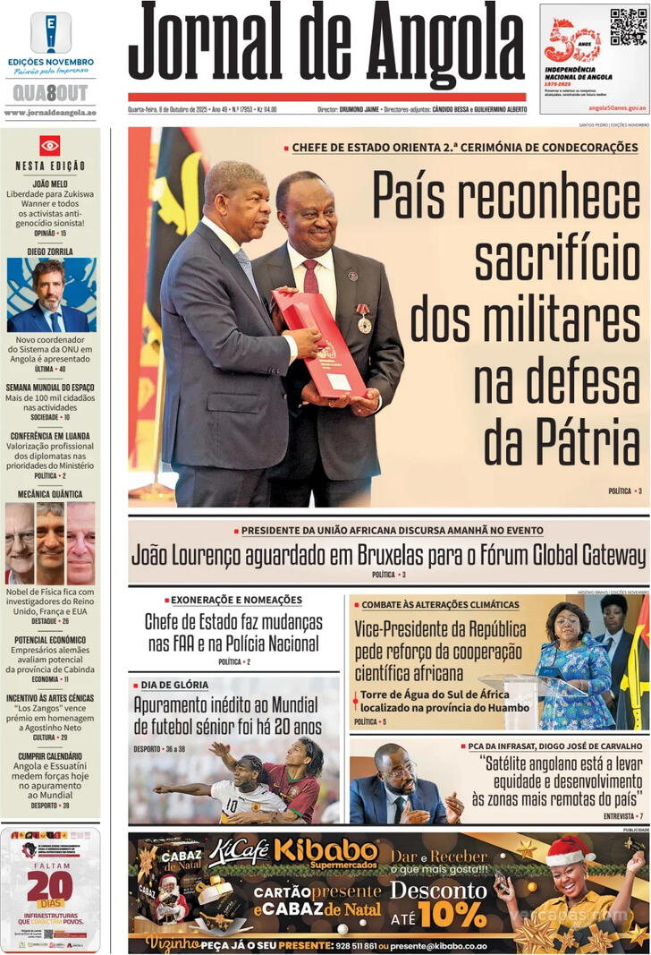 Capa Jornal de Angola - 2025-10-08
