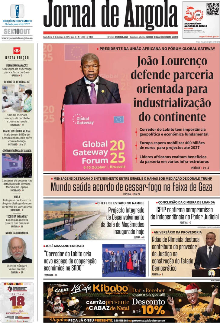 Capa Jornal de Angola - 2025-10-10