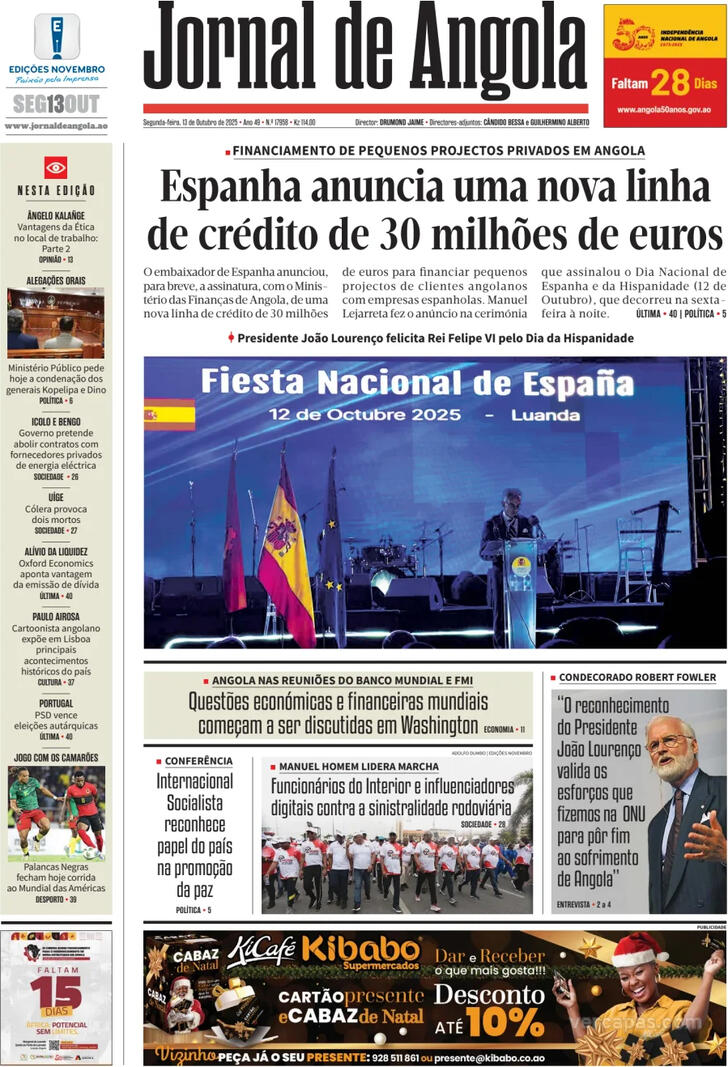 Capa Jornal de Angola - 2025-10-13