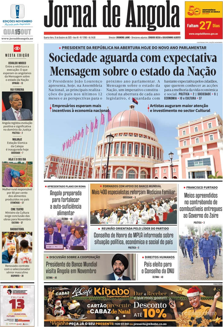Capa Jornal de Angola - 2025-10-15