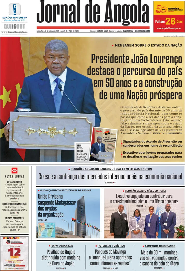 Capa Jornal de Angola - 2025-10-16