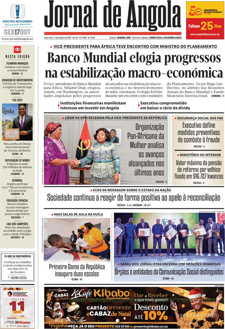 Capa Jornal de Angola - 2025-10-17