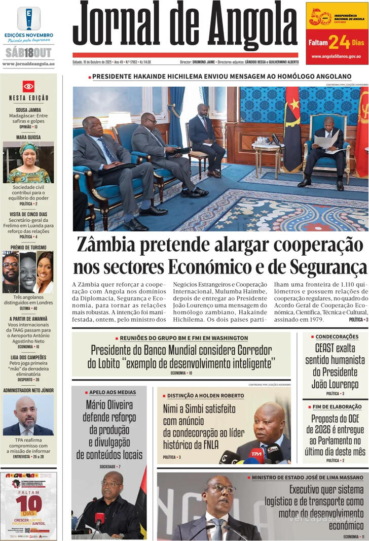 Capa Jornal de Angola - 2025-10-18