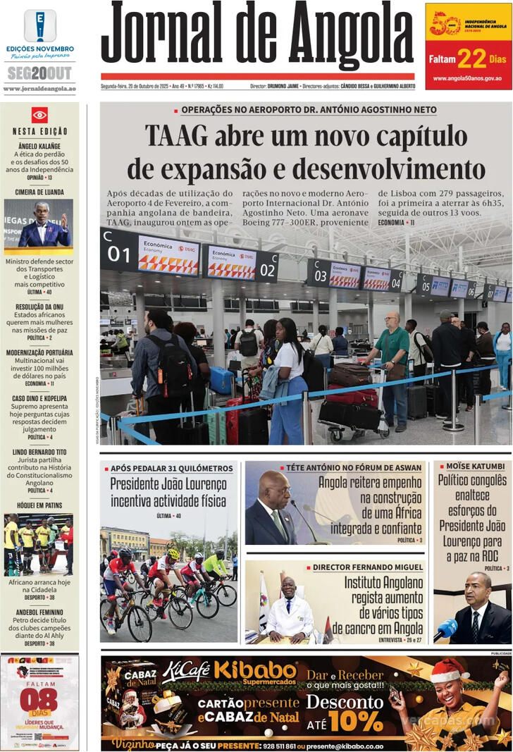 Capa Jornal de Angola - 2025-10-20