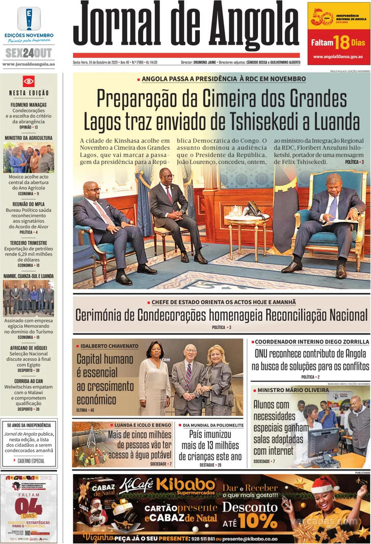 Capa Jornal de Angola - 2025-10-24