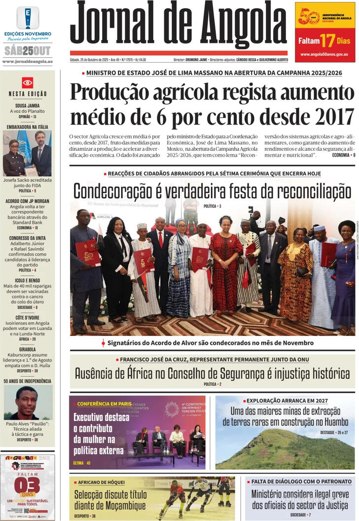 Capa Jornal de Angola - 2025-10-25