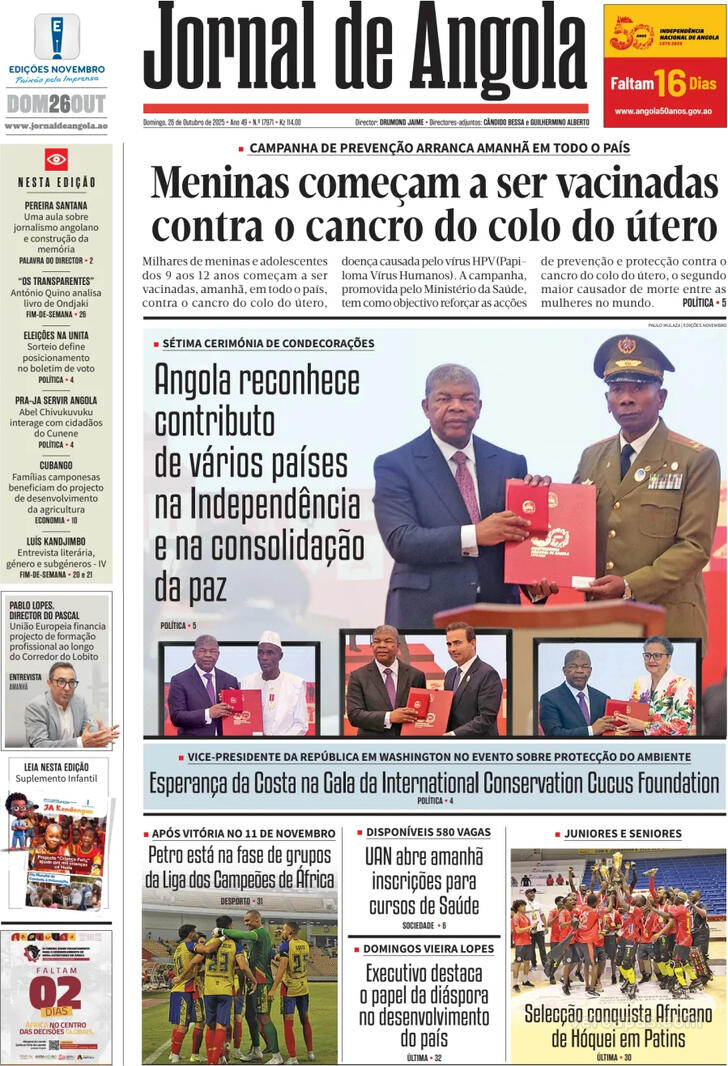 Capa Jornal de Angola - 2025-10-26