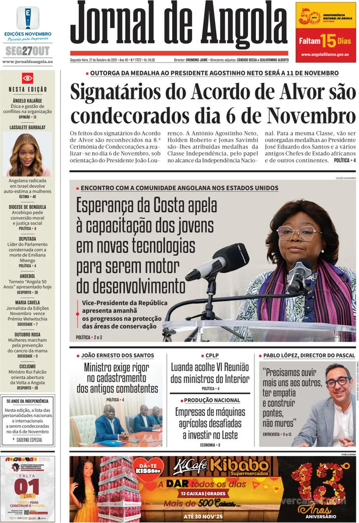 Capa Jornal de Angola - 2025-10-27