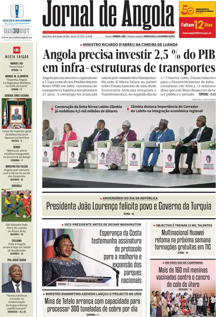 Capa Jornal de Angola - 2025-10-30