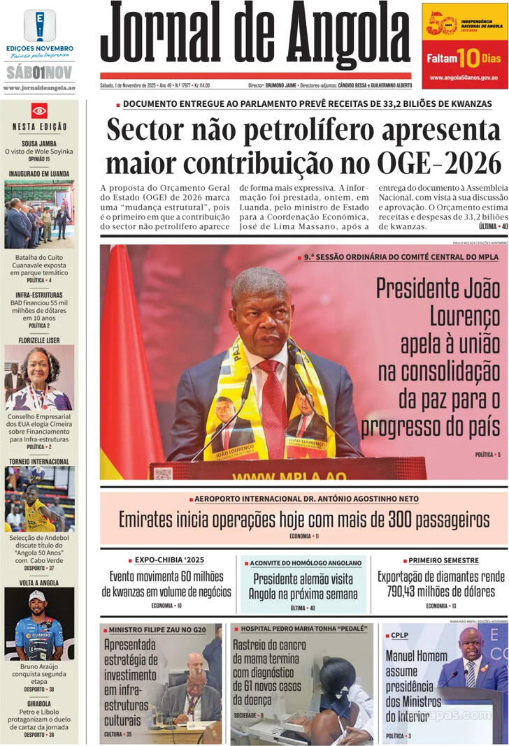 Capa Jornal de Angola - 2025-11-01