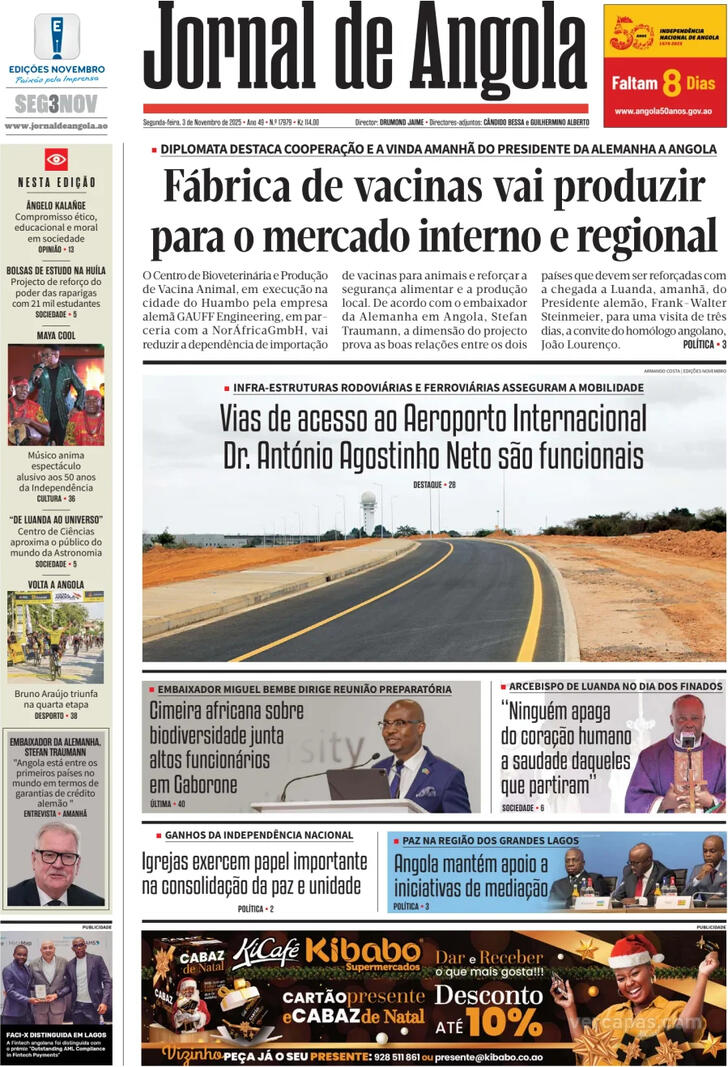 Capa Jornal de Angola - 2025-11-03