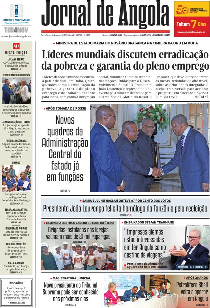 Capa Jornal de Angola - 2025-11-04