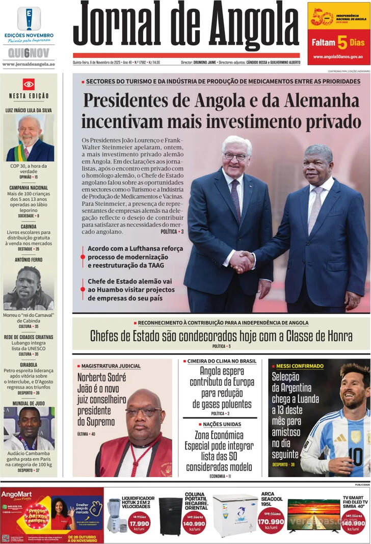 Capa Jornal de Angola - 2025-11-06