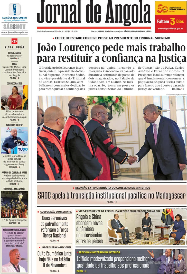 Capa Jornal de Angola - 2025-11-08