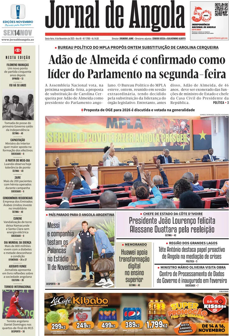 Capa Jornal de Angola - 2025-11-14