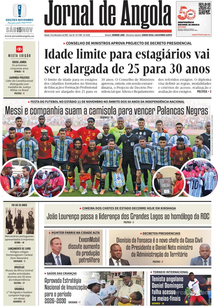 Capa Jornal de Angola - 2025-11-15