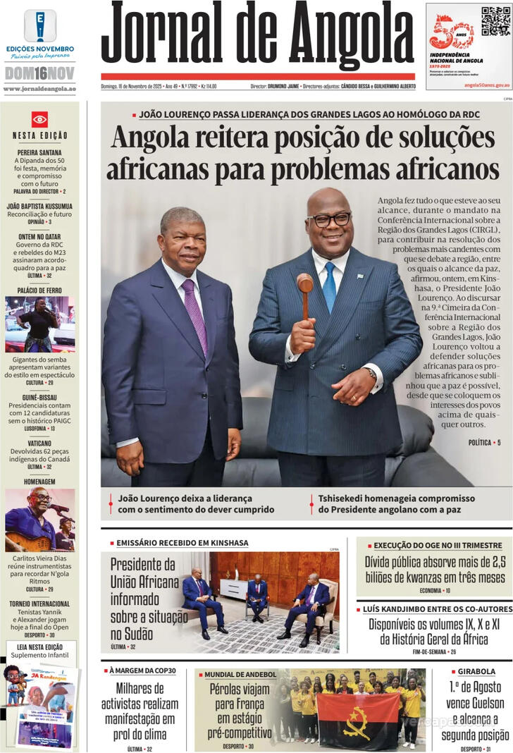 Capa Jornal de Angola - 2025-11-16