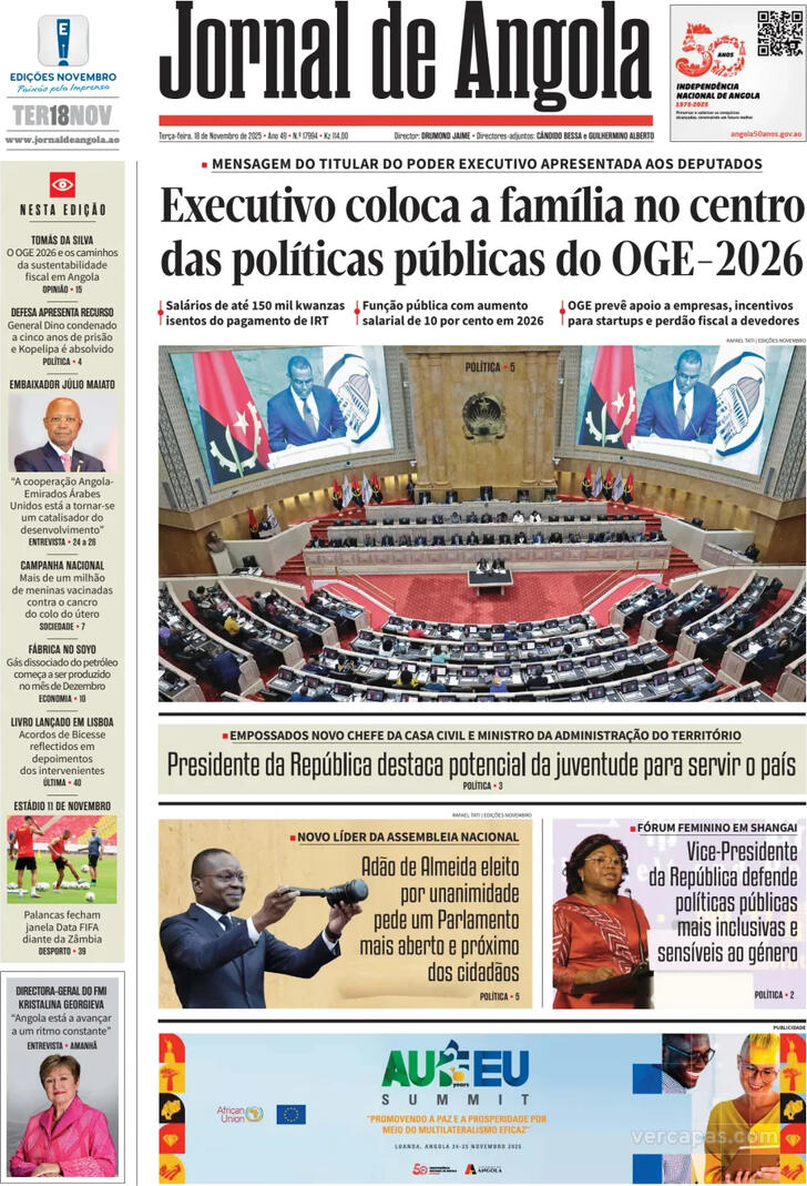 Capa Jornal de Angola - 2025-11-18